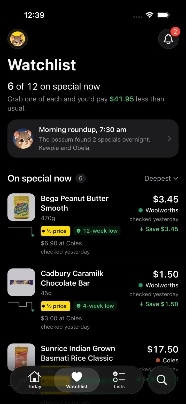 Possum’s Watchlist in dark mode: 6 of 12 items on special, with a 7:30 am morning roundup and Bega Peanut Butter half price at Woolworths.